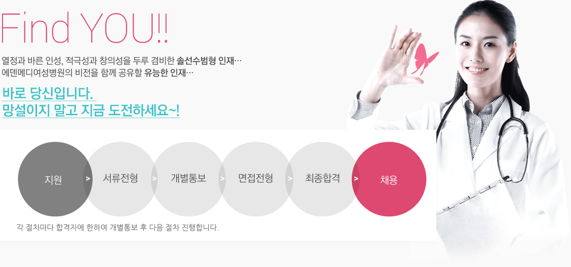Find YOU!! 열정과 바른 인성, 적극성과 창의성을 두루 겸비한 솔선수범형 인재, 에덴메디여성병원의 비전을 함께 공유할 유능한 인재 - 바로 당신입니다. 망설이지 말고 지금 도전하세요~!